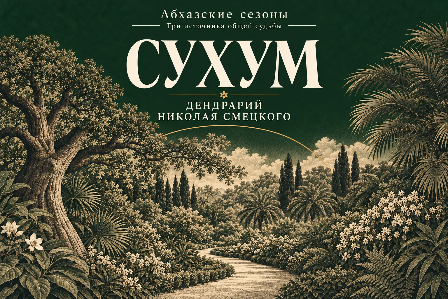 Сухум — Дендрарий Николая Смецкого. Горизонтальная обложка с ботанической гравюрой